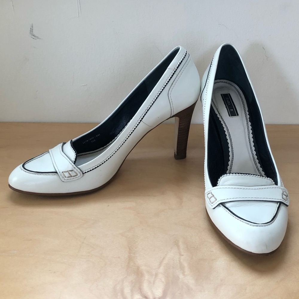 Zara White Loafer Wooden Heel Pumps 39